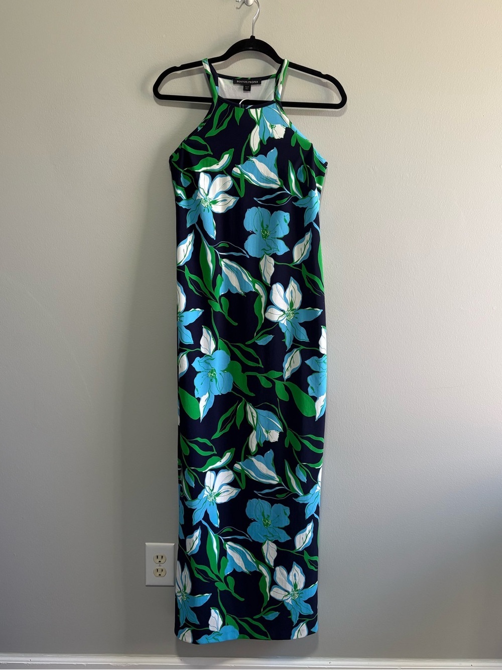 Boston Proper Beyond Travel Blue Floral Halter Midi Maxi Dress Small Stretch